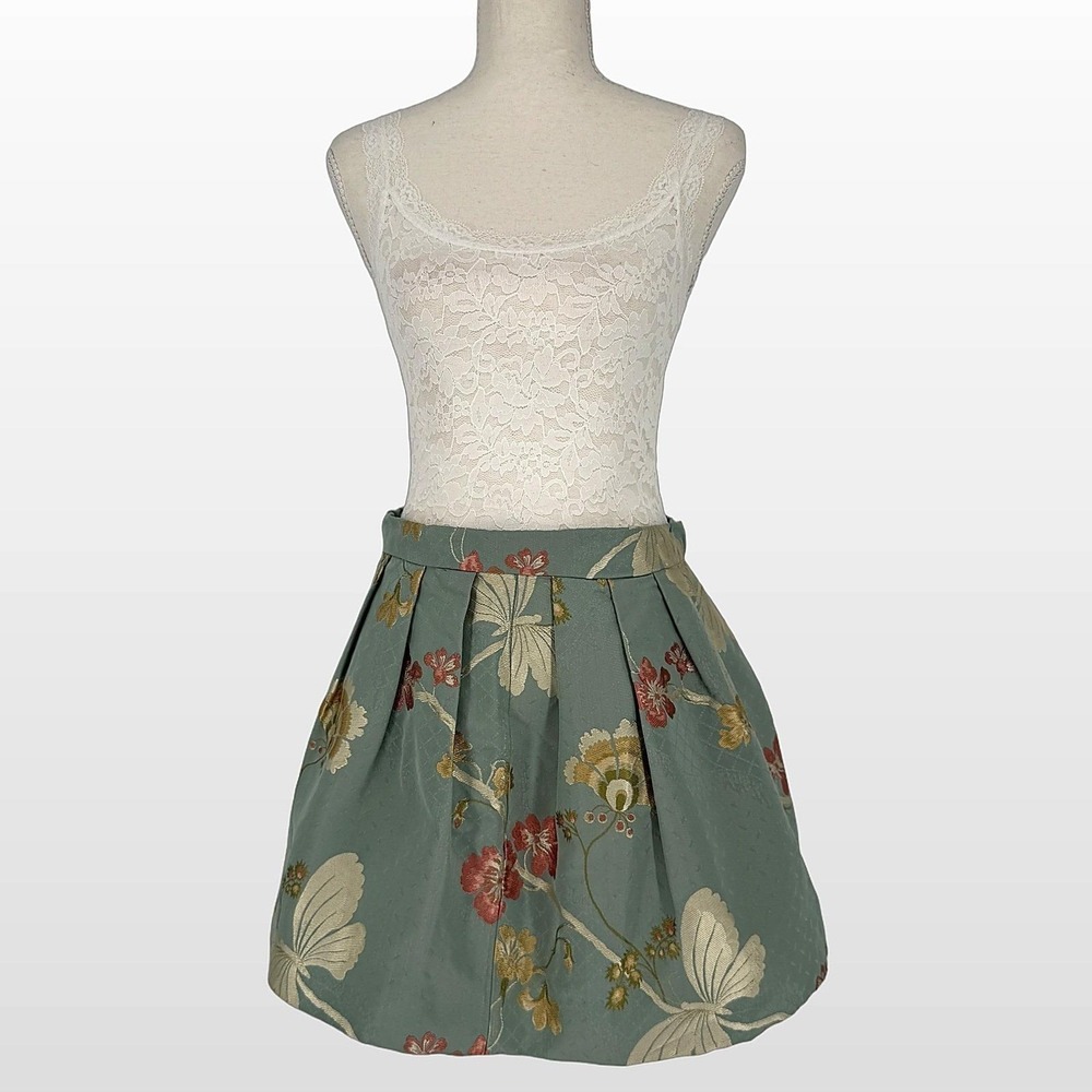 Vintage Floral Jacquard Mini Skirt M Sage Pleated Butterfly Romantic Cottagecore - Picture 3 of 11